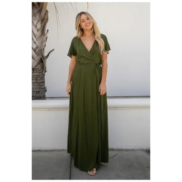 Olive Green Short Flutter Sleeve Wrap Spring Maxi Dress - Picture 3 of 6
